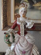 Antique Large Porcelain Dresden Statue Woman With Flower Basket picture