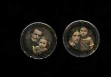 2 Daguerreotype Miniatures Smiling Man & Woman Little Girls Affectionate Poses picture