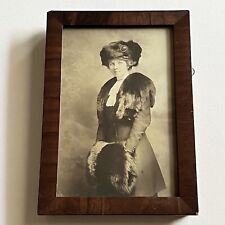 Antique Wood Framed Photograph Beautiful Affluent Young Woman Fur Muff Hat Stole picture