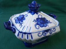 Russian GZHEL Porcelain Blue & White Square Candy Nuts Sugar Bowl Box & Lid picture