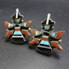 EXQUISITE Old Pawn ZUNI Knifewing Inlay PIERCED EARRINGS Turquoise Coral Jet MOP picture