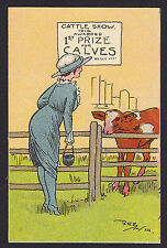 Comic-Reg Maurice-Woman-Calves-Cattle Show-Farm-Antique Postcard picture