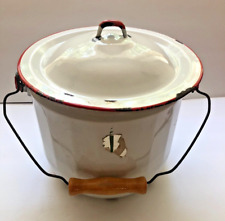 Vintage Red & White Enamelware 9 Quart Chamber Pot with Bail Handle & Lid  picture
