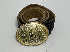 Vintage Montana Silversmiths Western Buckle w/ 'L' Initial & Black Leather Belt picture