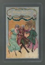 Postcard A Happy New Year Celebrating and Dancing in Victorian Style Dress picture