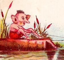 1880's VICTORIAN IMP PIXIE ELF FISHING STOCK TRADE CARD POINTY EARS & NOSE picture