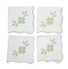 Vintage Linen Napkins Handmade Cross Stitch Green Floral Set of 4 picture