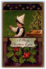 PFB Christmas Postcard Boy Playing Marionette Holly Berries Humbird Wisconsin WI picture