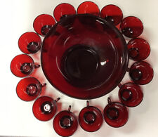 ANCHOR HOCKING RUBY RED GLASS PUNCH BOWL WITH STAND AND 15 CUPS Party time picture