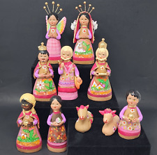 Mexican Pottery Nativity Figures Folk Art Clay 10 Pieces UV Glow Vintage picture