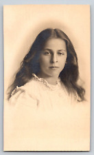 Original Old Vintage Real Photo Beautiful Young Lady White Dress Long Hair picture