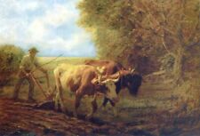 Oil painting Edward-Potthast-Fall-Plowing farmer with cows in landscape canvas picture
