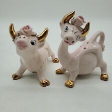 Vintage Thames Pink With Gold Cow And Bull Salt And Pepper Shakers Japan picture