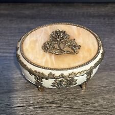 Vintage Sankyo White Music Box, Works Peach Marble Look Top With Gold Rose. picture