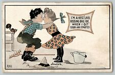 1913 Valentines Day Romance  Kissing Bug Boy and Girl Farm Vintage Postcard A41 picture