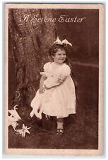 c1910's Easter Little Girl With Rabbit Lilies Flowers Unposted Antique Postcard picture