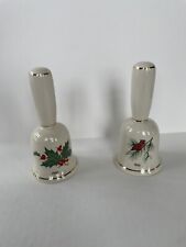 (2) VTG  CERAMIC W/ GOLD TRIM CHRISTMAS BELLS DATED 1984 & 1983 Cardinal & Holly picture