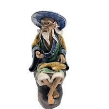 Vintage Shiwan Chinese Asian Ceramic Figurine Fishing Mudman With Fish Blue picture