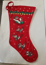 VITAGE CHRISTMAS STOCKING~DOUBLE SIDED~SANTA & SLEIGH & REINDEER~MERRY CHRISTMAS picture