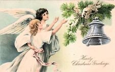 Antique Christmas Card Angel Cherub Girl Light Silver Bell Snow Vtg Postcard E9 picture
