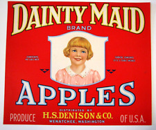Original 1940s red DAINTY MAID apple crate label Wenatchee WA blonde pink dress picture