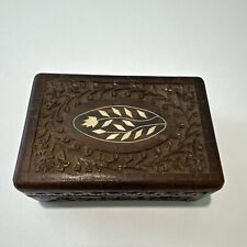 Vintage India Carved Wood Trinket Jewelry Box 1970s Inlaid Wood Hinged Lined picture