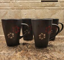 Gibson Elite Mugs “Evening Blossom” Black w/red & white flower, set of 4 picture