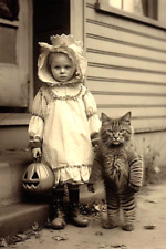 Modern Halloween Photo/YOUNG GIRL IN DRESS WITH UPRIGHT CAT/4X6 B&W Photo Rpt. picture