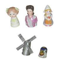 Vintage Lot Of 5 Thimbles Dutch Girl Lady Windmill Child Bird Ceramic Pewter Met picture