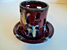POTTERY OPEN TOP VOTIVE CANDLE HOLDER  CUTOUT CHIMNEY BURGANDY GREEN signed picture
