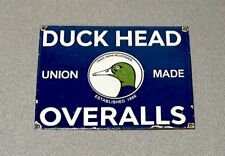 VINTAGE DUCK HEAD OVERALLS UNION MADE PORCELAIN SIGN CAR GAS OIL TRUCK picture