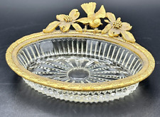 Vintage Matson Cut Crystal Soap Trinket Dish with Gold Colored Flowers and Bird picture
