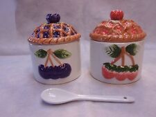 Pretty Pair of Ceramic Strawberry & Blueberry Jam Jelly Jars  picture