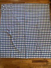 Vintage Mid Century Blue White Checkered w Flowers Tablecloth Picnic ~ 53” x 50” picture