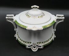 Vintage MZ Austria Soup Tureen Ornate white Porcelain Reticulated Green Gold picture