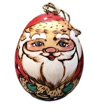Santa Wood Burned Hand Painted Egg Shaped Christmas Tree Ornament Signed picture