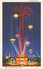 Postcard NY 1939 New York World's Fair Parachute Jump Ride Night Tower Thrills picture