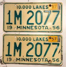 1956 MINNESOTA vehicle License Plate SET - 1M 2077 - 10,000 LAKES - '57 tag tab picture
