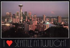 Postcard WA Seattle Skyline at Night Space Needle Mount Rainer 