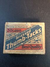 1 VERY RARE VINTAGE ANTIQUE BEST QUALITY BRASSED THUMB-TACKS 3 DOZEN CT BOX picture