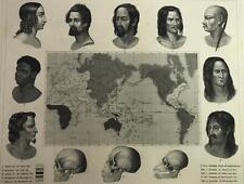 World map w/ Ethnic types world peoples skeletons 1851 antique map picture