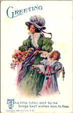 Greeting Postcard. Well Dressed Mother and Daughter Holding Roses. AB. picture