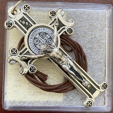 Big 3 inch St Benedict Crucifix Pendant Silver BLACK Enamel Cross Charm Necklace picture