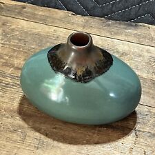 Beautiful Vintage Green & Brown Glazed Oval Tozai Home Vase Ceramic Pottery Art picture