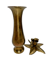 Vintage Solid Brass India Candle Holder and Bud Vase Set, Estate piece, Unique picture