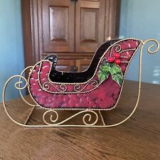 Victorian Christmas Sleigh, Deep Red & Gold Hammered Metal 16” x 10” x 6” Decor picture