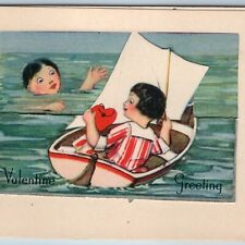 c1940s Cute Girl Boat Fishing for Man Valentine Card Sea Die Cut Fold Poem C54 picture