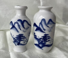 Set Of 2 Blue White Small Chinoiserie Vases Landscape Pagodas Boats Pattern picture