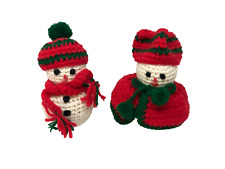 Vintage Handmade Crocheted Knitted Christmas Snowmen Mr. and Mrs. picture