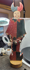 Vintage Folk Art Hand Made Wood Joker Elf? Tall 19 Inch Jingle Bells Unique Rare picture